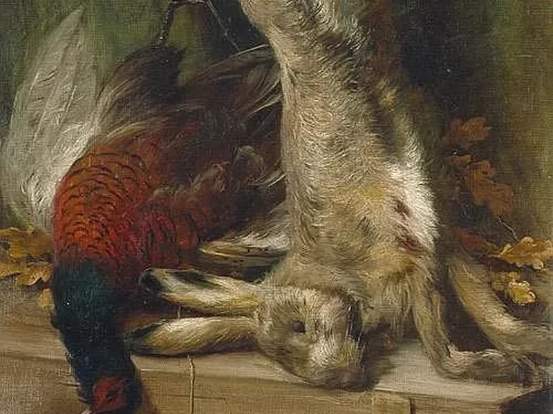 1853-Julie Menzel - Natura morta con conigli morti e fagiano